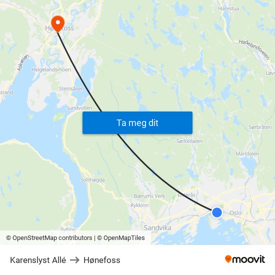 Karenslyst Allé to Hønefoss map