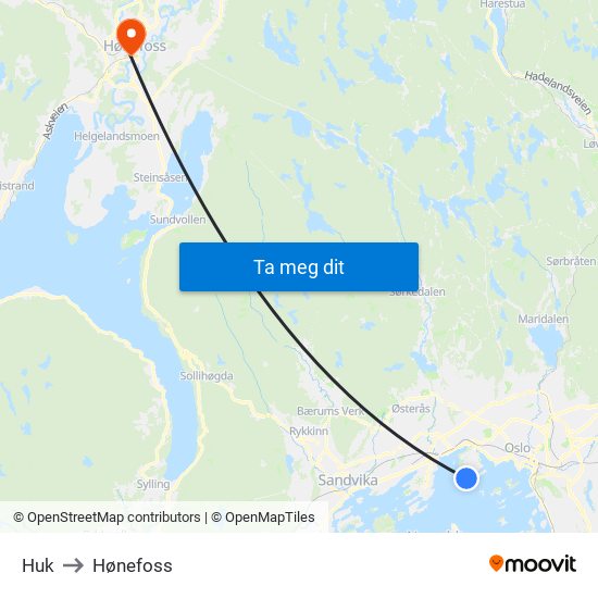 Huk to Hønefoss map