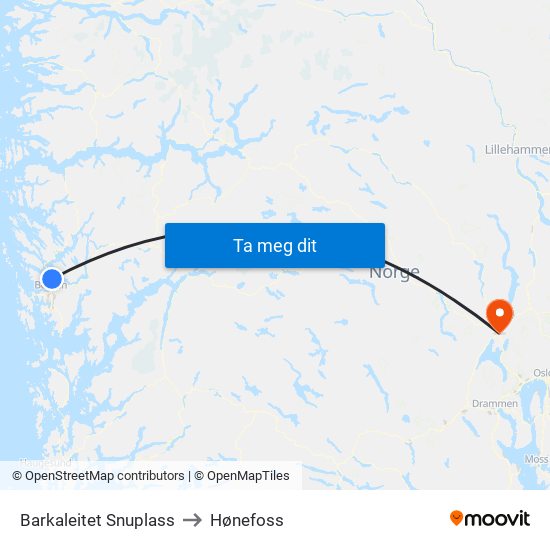 Barkaleitet Snuplass to Hønefoss map