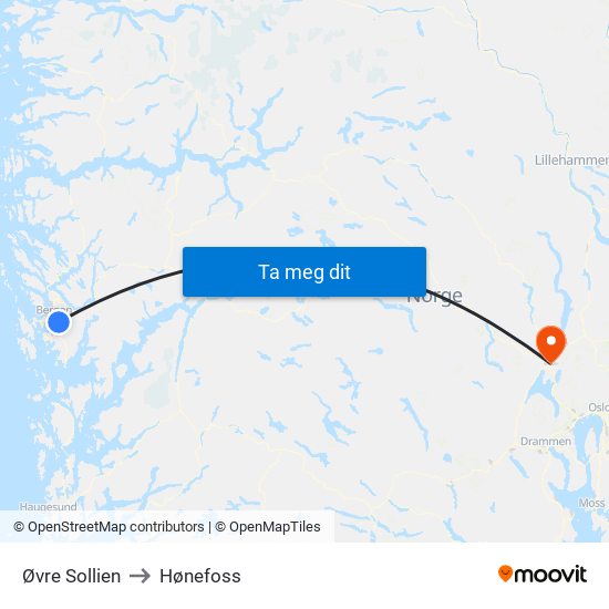 Øvre Sollien to Hønefoss map