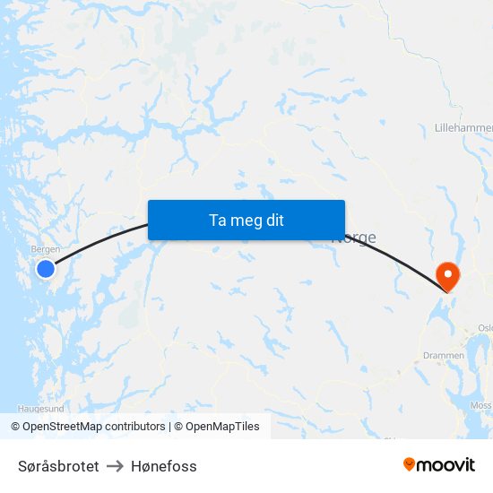 Søråsbrotet to Hønefoss map