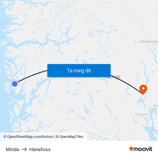 Minde to Hønefoss map