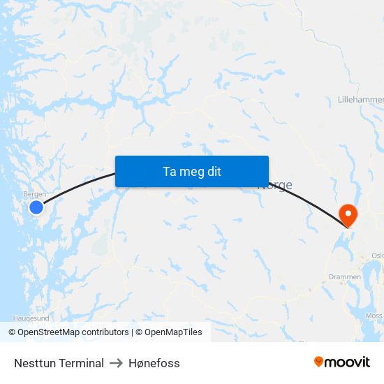 Nesttun Terminal to Hønefoss map