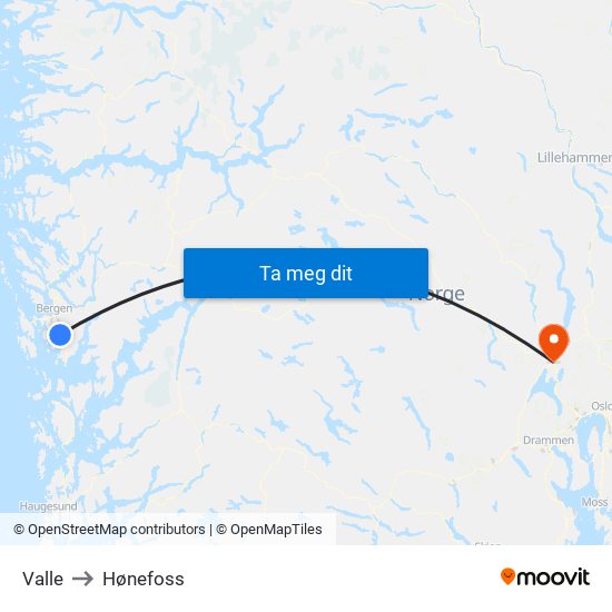 Valle to Hønefoss map