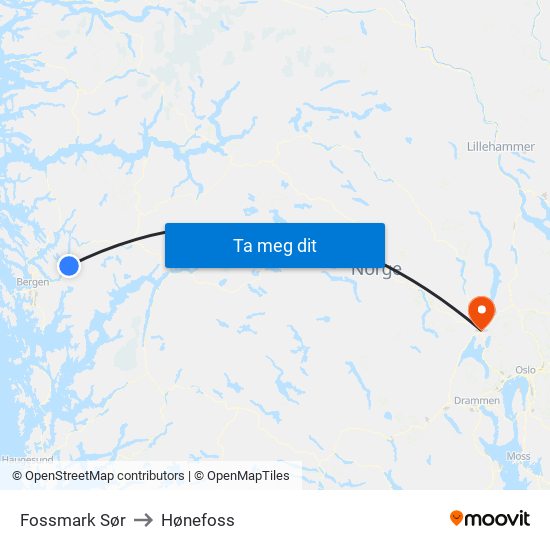 Fossmark Sør to Hønefoss map