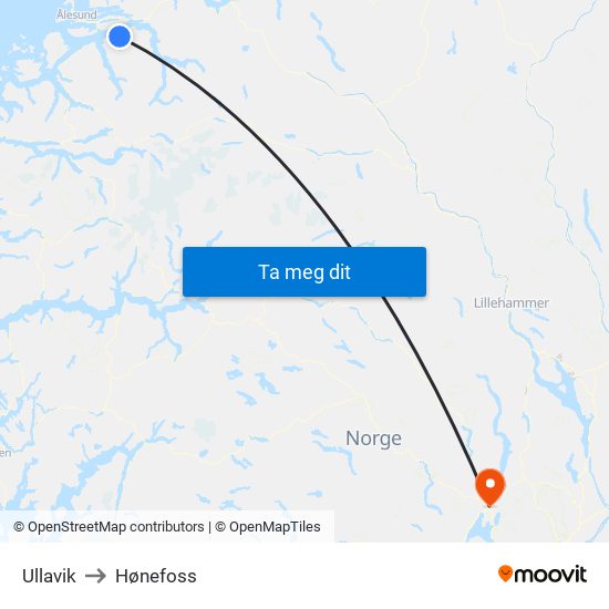 Ullavik to Hønefoss map