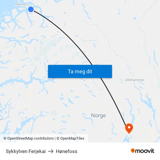 Sykkylven Ferjekai to Hønefoss map