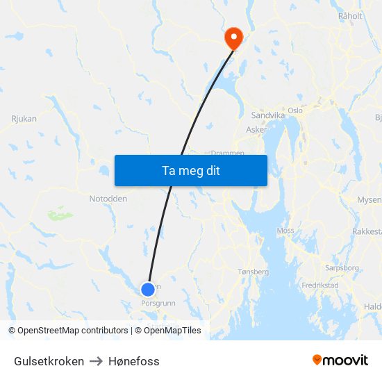 Gulsetkroken to Hønefoss map
