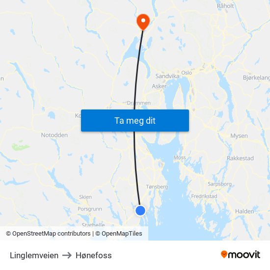 Linglemveien to Hønefoss map