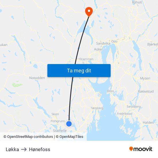 Løkka to Hønefoss map