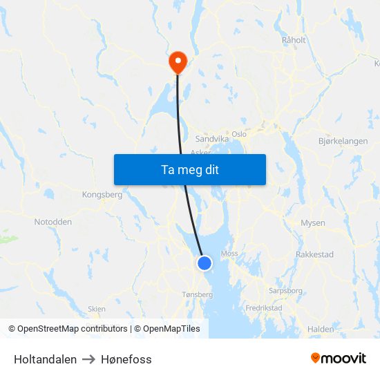 Holtandalen to Hønefoss map