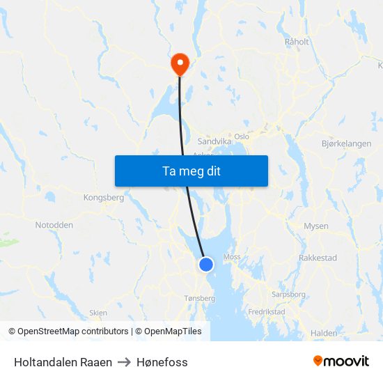 Holtandalen Raaen to Hønefoss map
