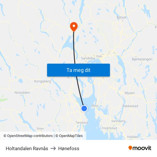 Holtandalen Ravnås to Hønefoss map