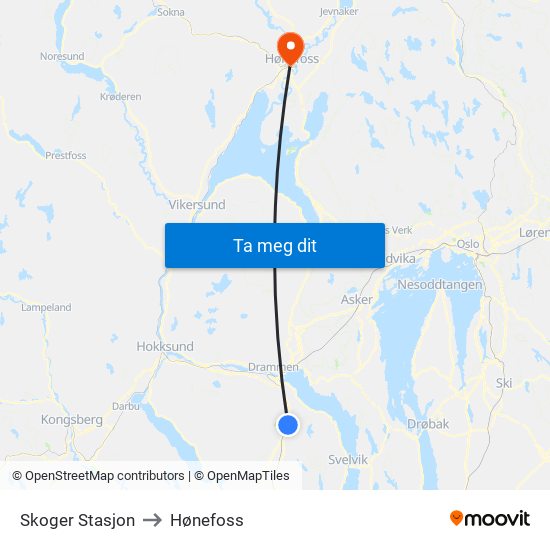 Skoger Stasjon to Hønefoss map