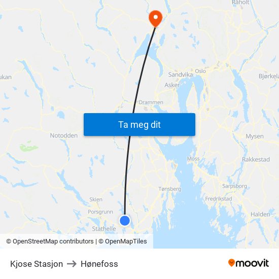 Kjose Stasjon to Hønefoss map