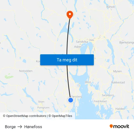 Borge to Hønefoss map
