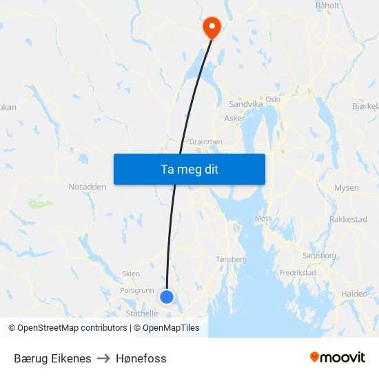 Bærug Eikenes to Hønefoss map