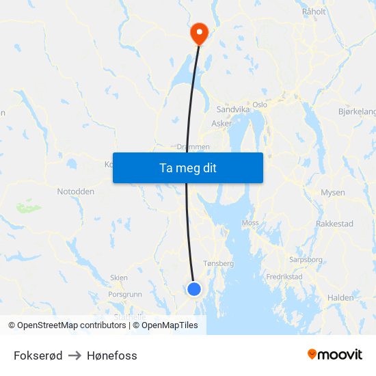 Fokserød to Hønefoss map
