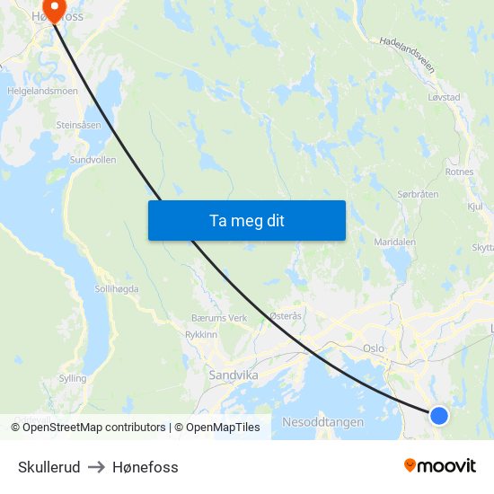 Skullerud to Hønefoss map