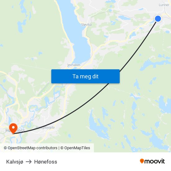 Kalvsjø to Hønefoss map