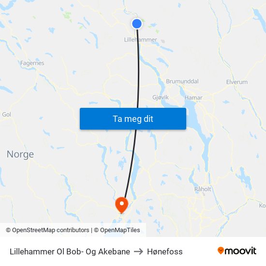 Lillehammer Ol Bob- Og Akebane to Hønefoss map