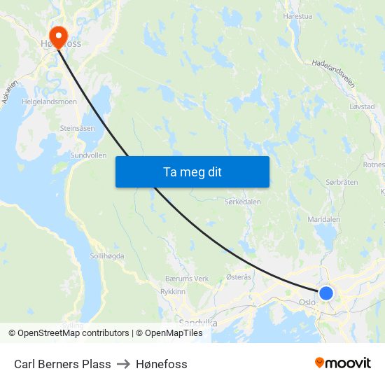 Carl Berners Plass to Hønefoss map