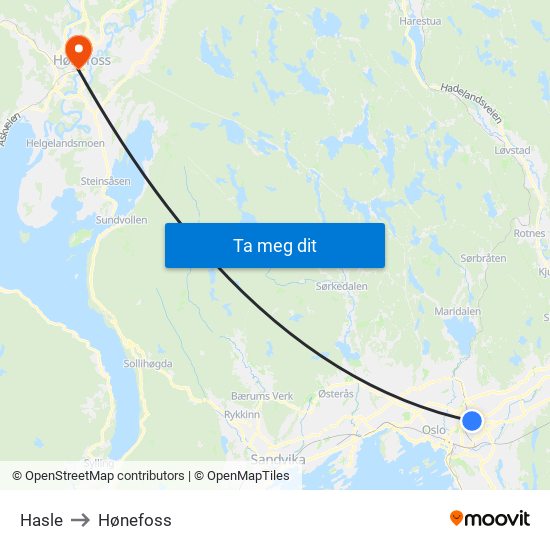 Hasle to Hønefoss map