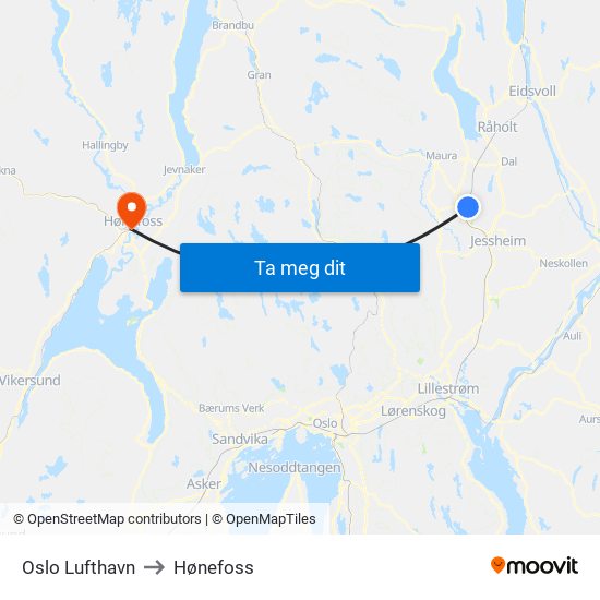 Oslo Lufthavn to Hønefoss map