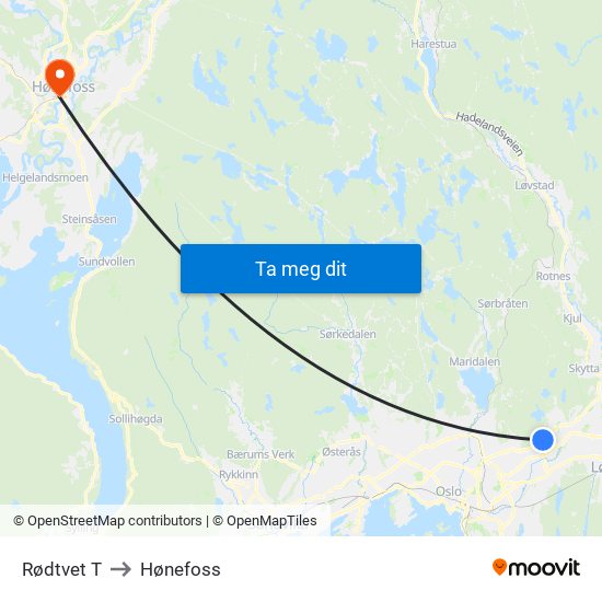 Rødtvet T to Hønefoss map