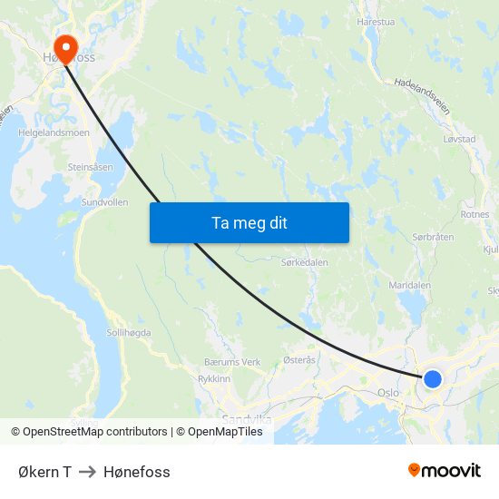 Økern T to Hønefoss map