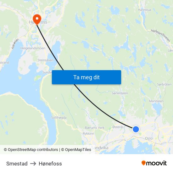 Smestad to Hønefoss map