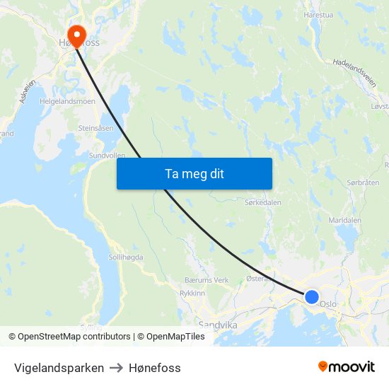 Vigelandsparken to Hønefoss map