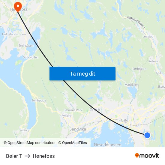 Bøler T to Hønefoss map