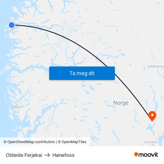 Oldeide Ferjekai to Hønefoss map