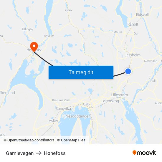 Gamlevegen to Hønefoss map