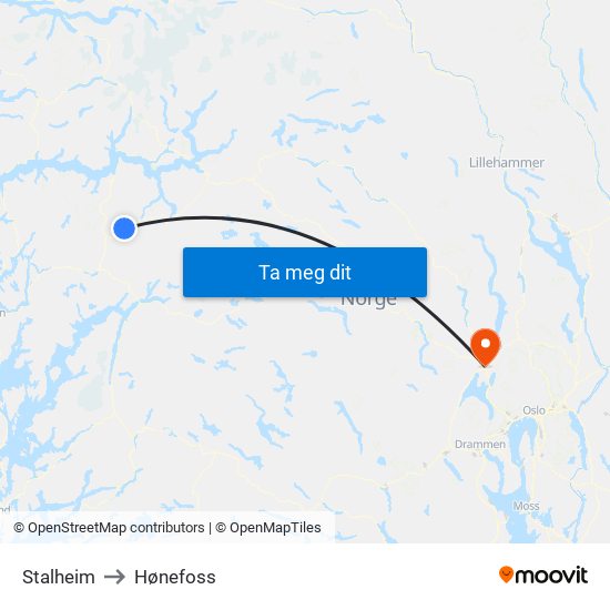 Stalheim to Hønefoss map