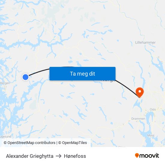 Alexander Grieghytta to Hønefoss map