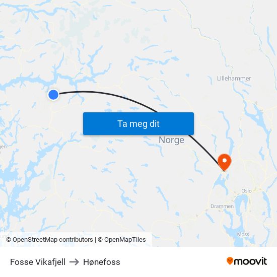 Fosse Vikafjell to Hønefoss map