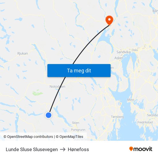 Lunde Sluse Slusevegen to Hønefoss map