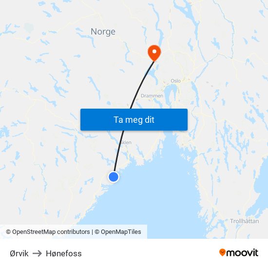 Ørvik to Hønefoss map