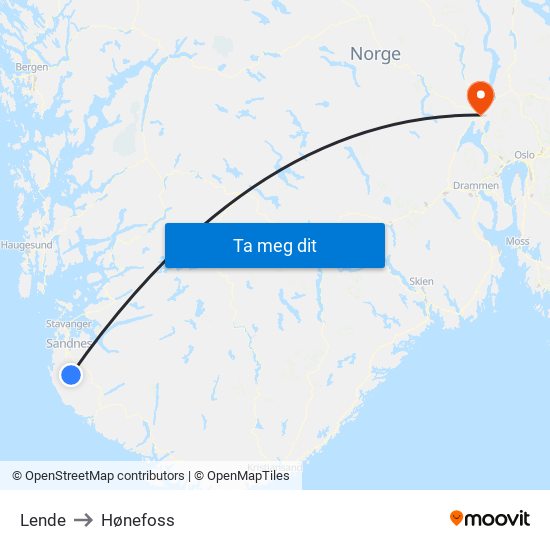 Lende to Hønefoss map