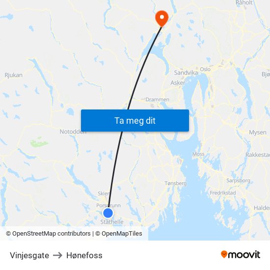 Vinjesgate to Hønefoss map