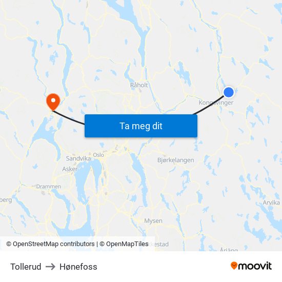 Tollerud to Hønefoss map