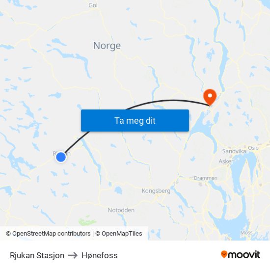 Rjukan Stasjon to Hønefoss map