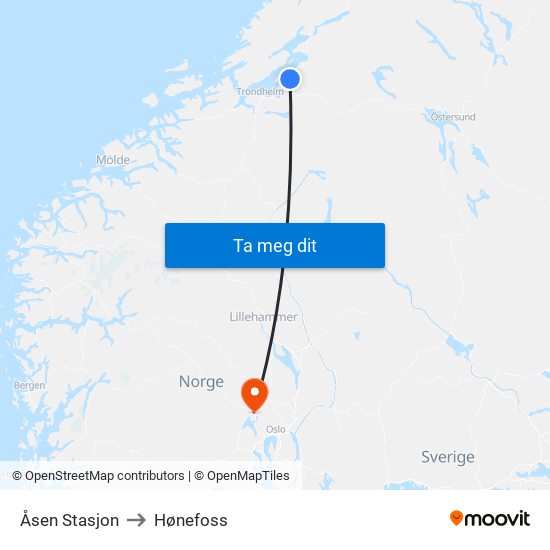 Åsen Stasjon to Hønefoss map