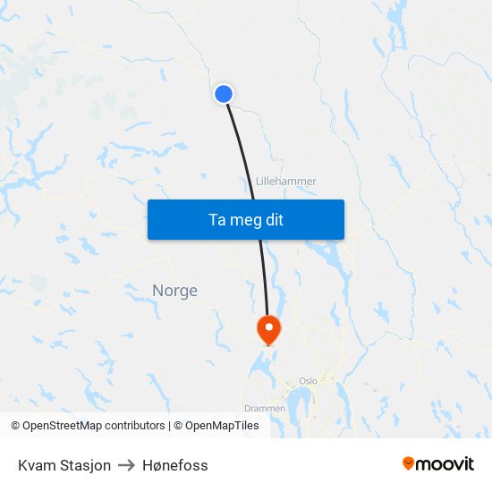 Kvam Stasjon to Hønefoss map