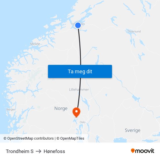 Trondheim S Fosenkaia to Hønefoss map