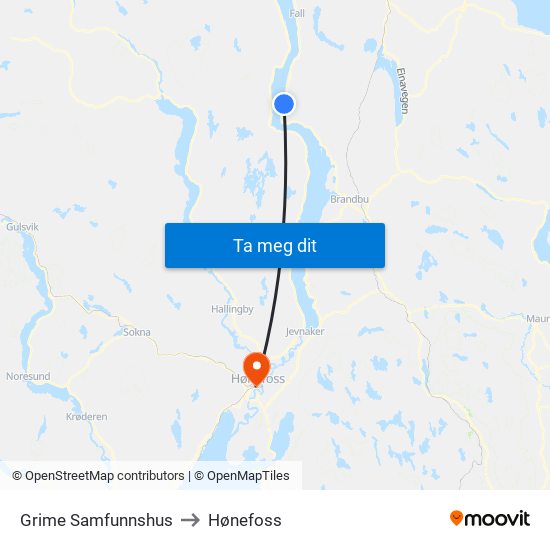 Grime Samfunnshus to Hønefoss map