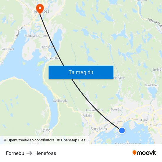 Fornebu to Hønefoss map