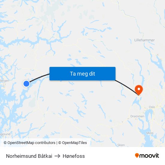 Norheimsund Båtkai to Hønefoss map